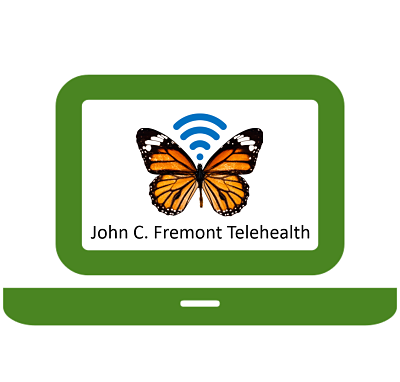 Picture of graphic showing an open laptop with a butterfly and wifi signal. It says: John C. Fremont Telehealth.