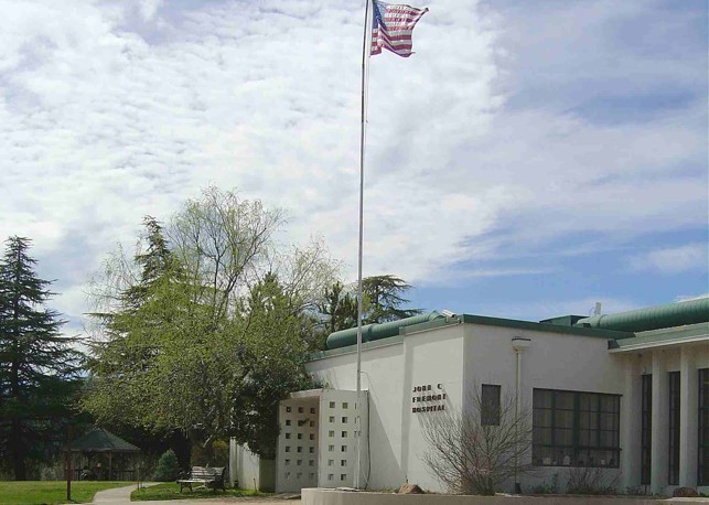 Image of the hospital with trees on the left side and an american flag on flag pole.
